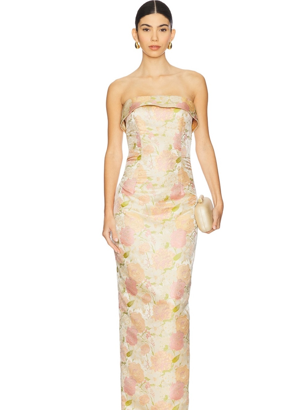 Katie May Strapless Floral Jacquard Gown in Blush and Cream